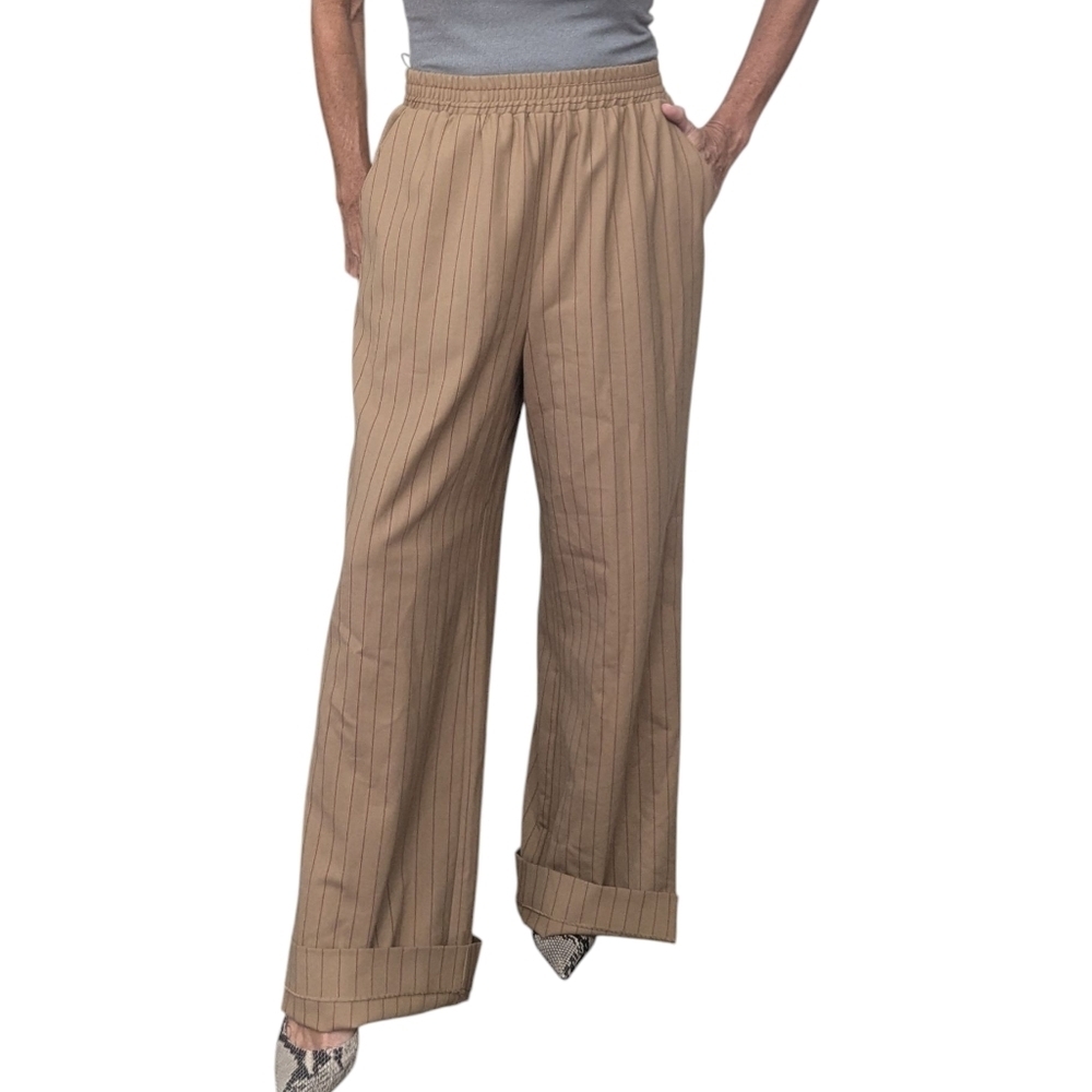 La Ligne Tan Pinstripe Wool Blend Wide Leg Trouser Pants Size M